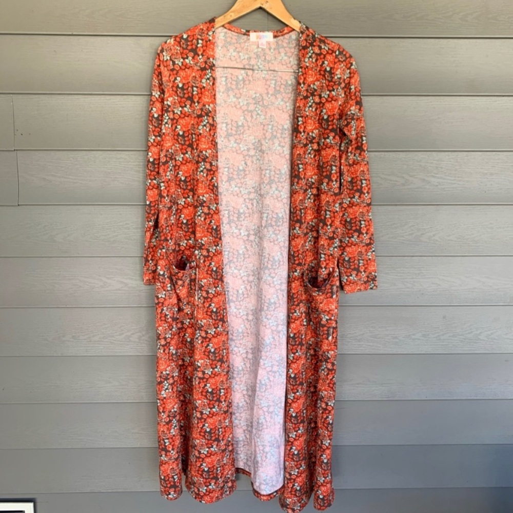 LulaRoe Sarah Duster Orange Floral Long Cardigan